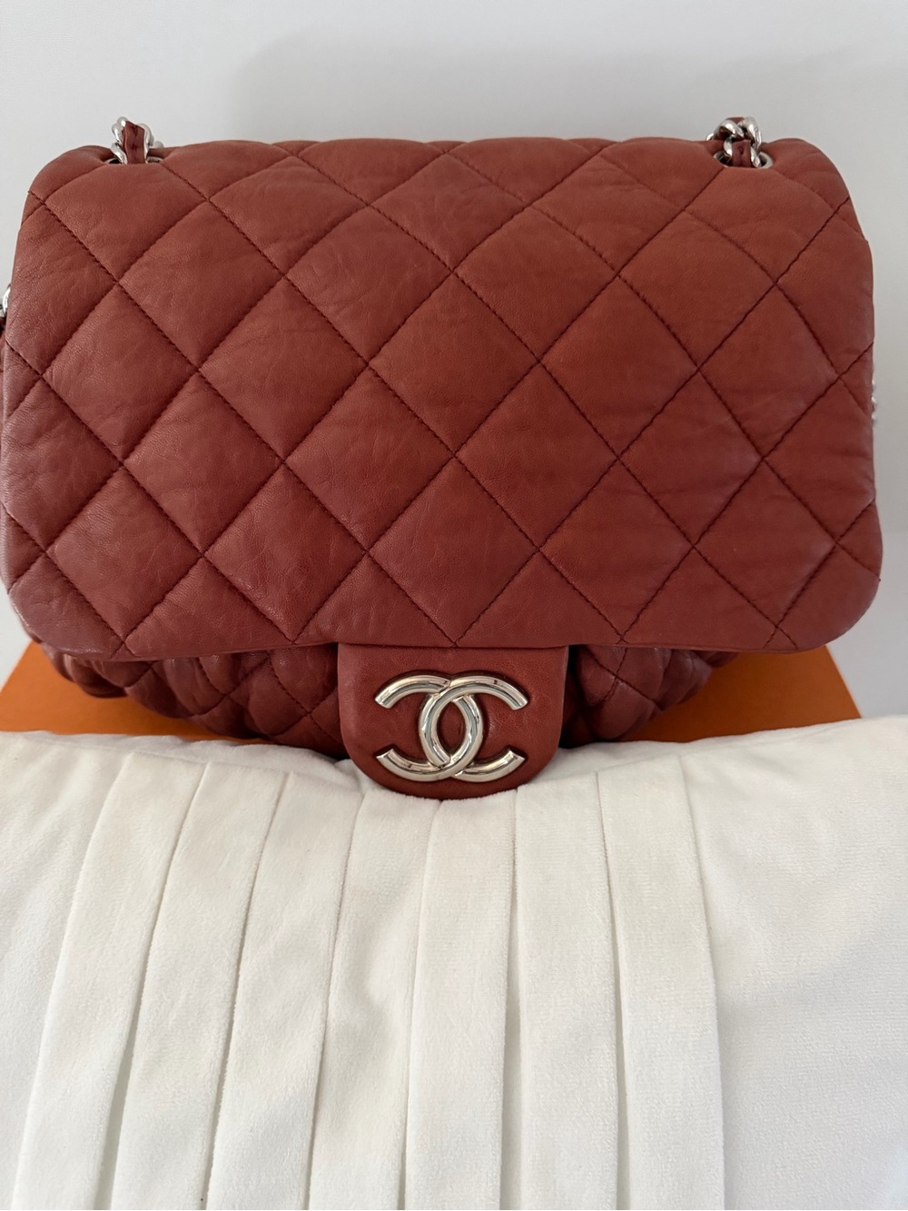 CHANEL Quilted Shoulder Flap Bag in Brick Red with Silver CC